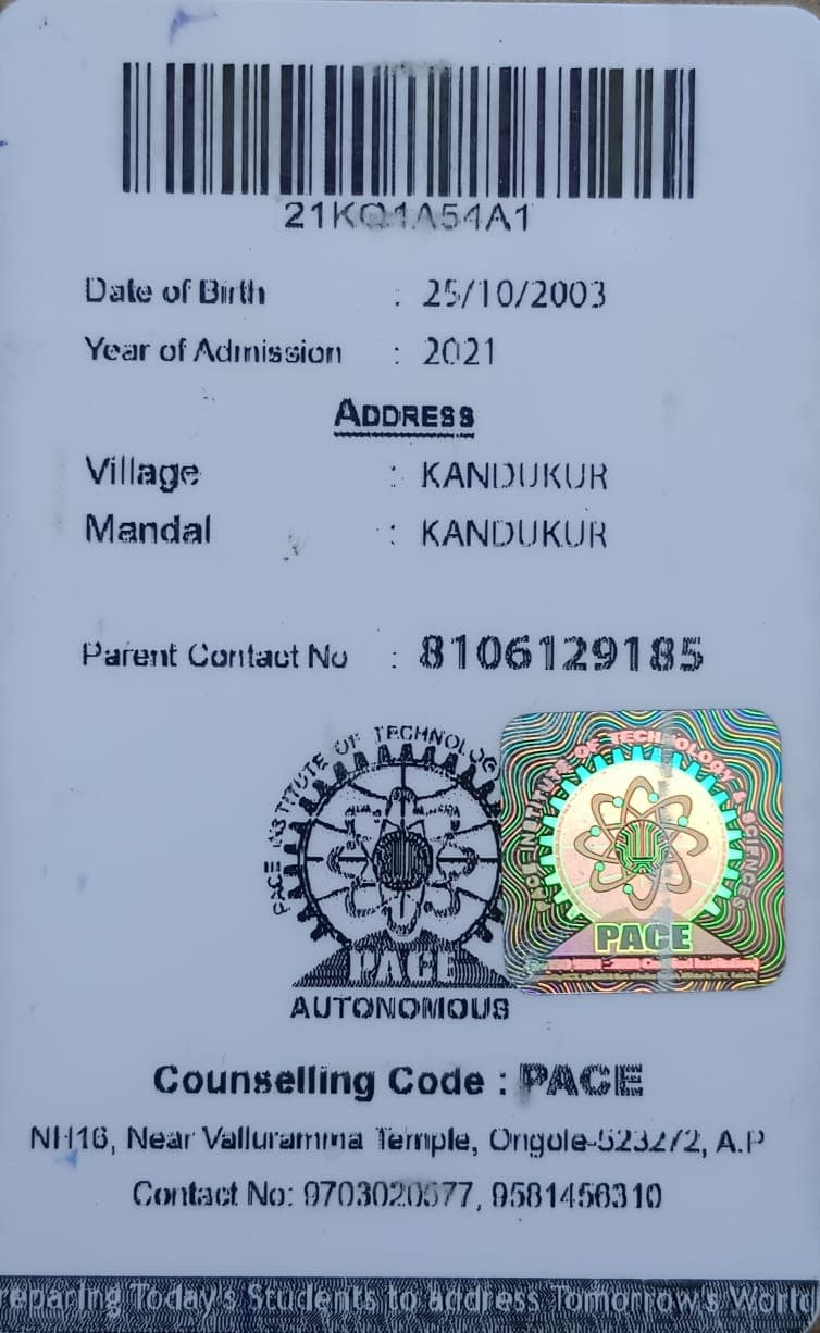 Revanth Kumar College Student ID Card - PACE Institute of Technology and Sciences - Photo 2