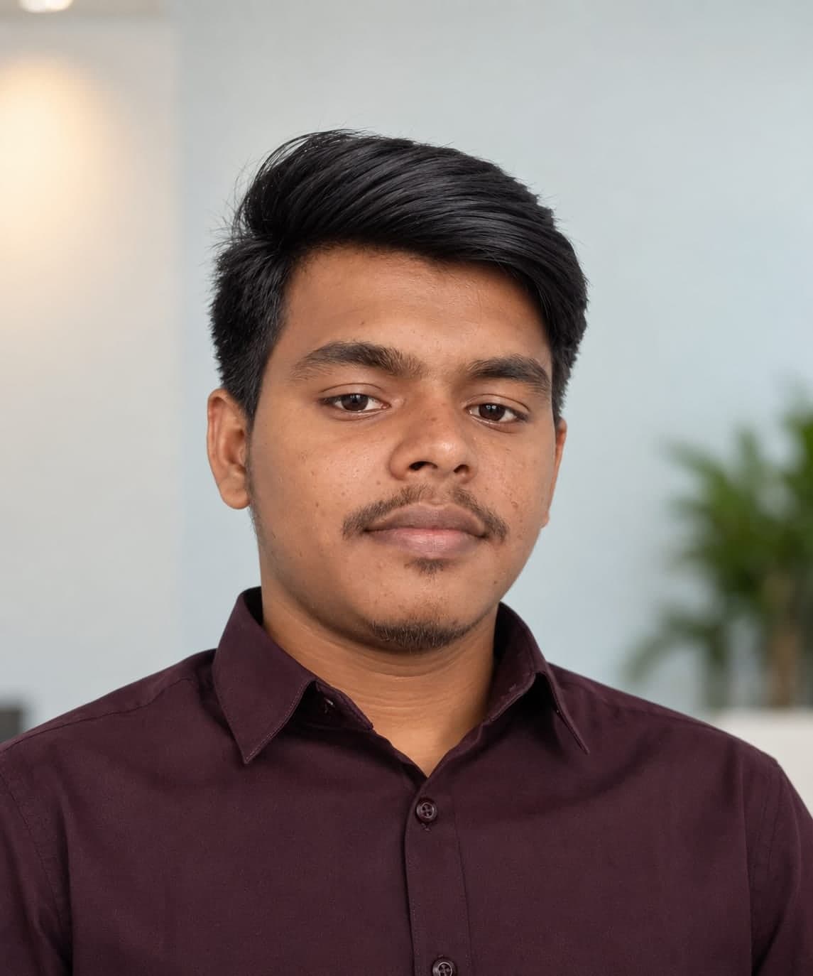 Revanth Kumar in a maroon shirt, facing the camera in a bright office.