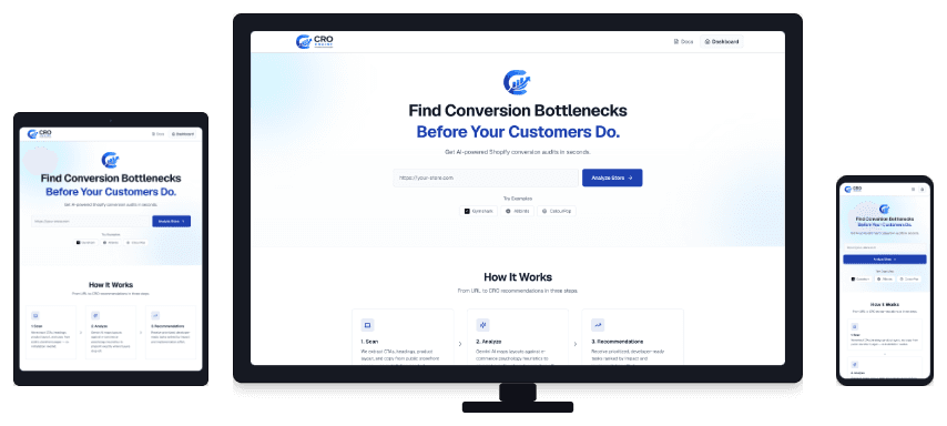 CRO Engine website on desktop, tablet, and phone, with the headline “Find Conversion Bottlenecks Before Your Customers Do.”