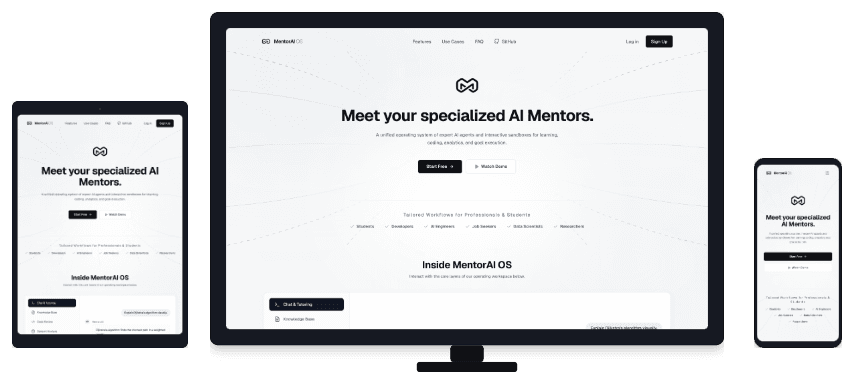 Mentor OS AI website on desktop, tablet, and phone, with the headline “Meet your specialized AI Mentors.”
